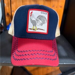 Red and Blue Rooster Patch Trucker Hat